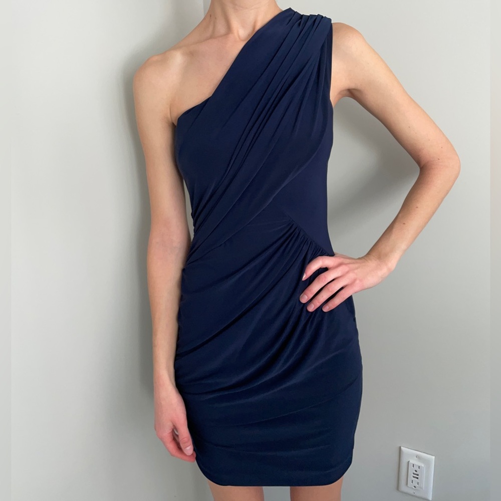 Soprano Navy One Shoulder Bodycon Ruched Dress